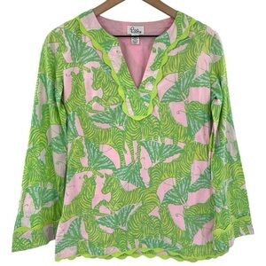 Vintage Lilly Pulitzer Zebra Butterfly Print Cotton Tunic Top - Green Pink - XS